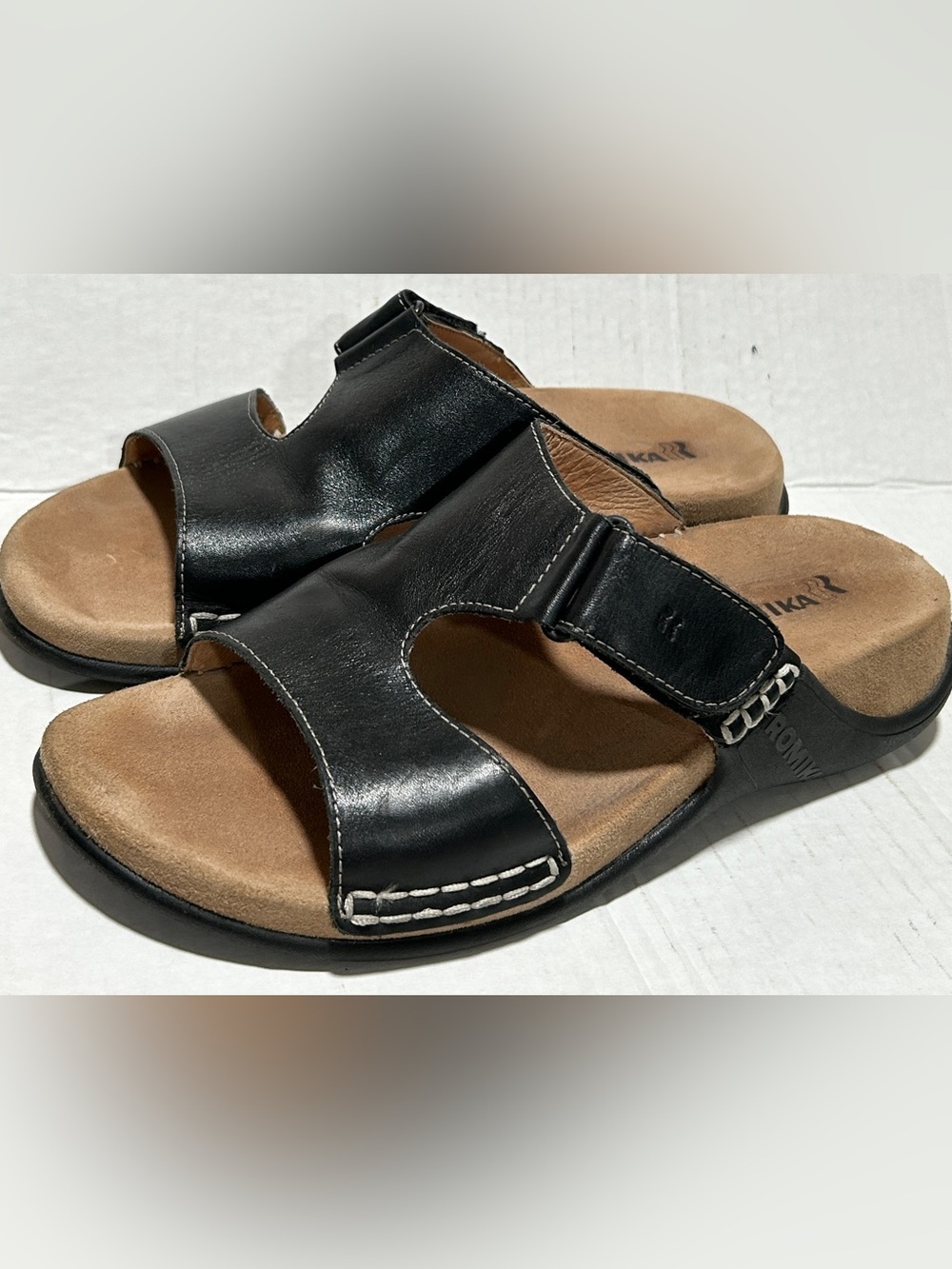 Romika Black Leather Slide Sandals with Tan Footbed